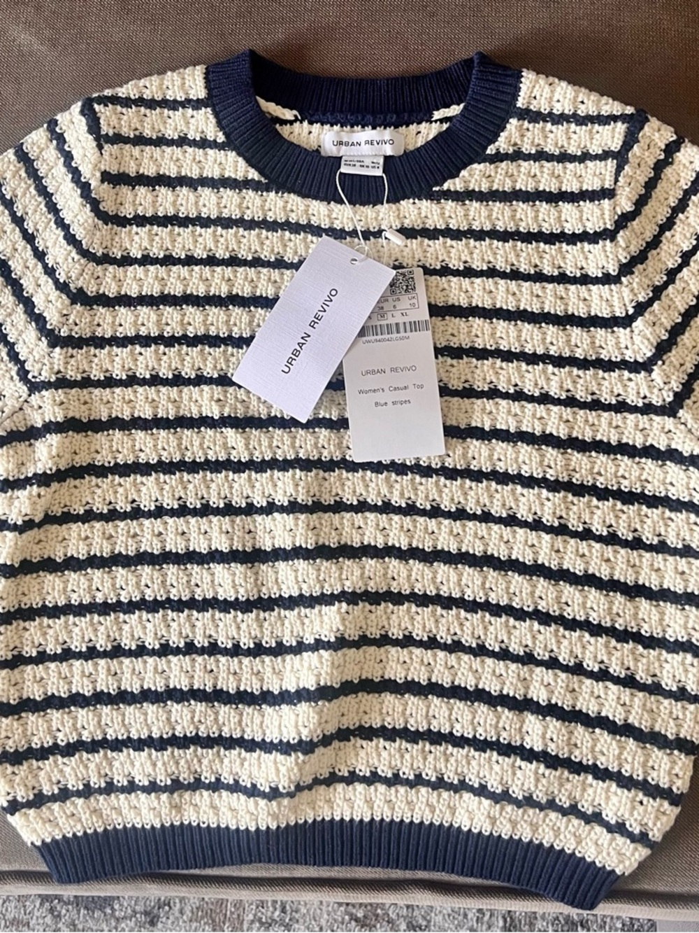 Urban Revivo Women's Cropped Cream & Navy Striped Crewneck Sweater